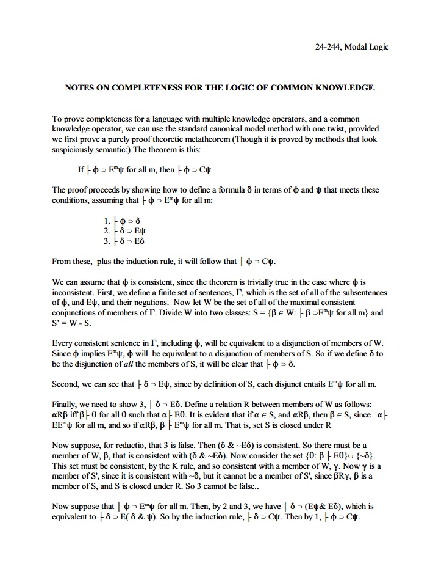 Common Knowledge Logic Completeness Notes