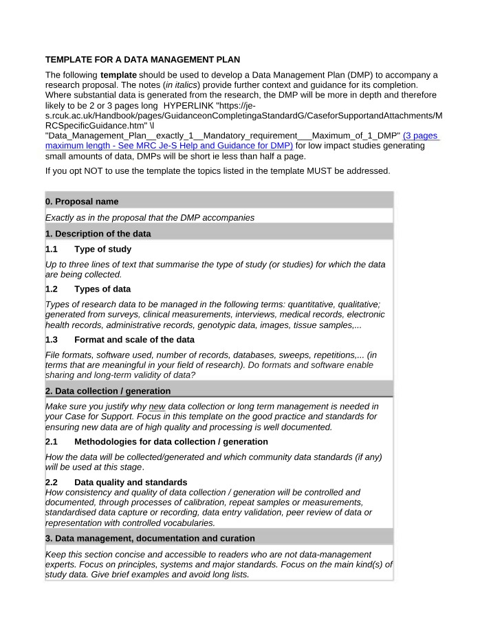 Data Management Plan (DMP) for Research Proposal