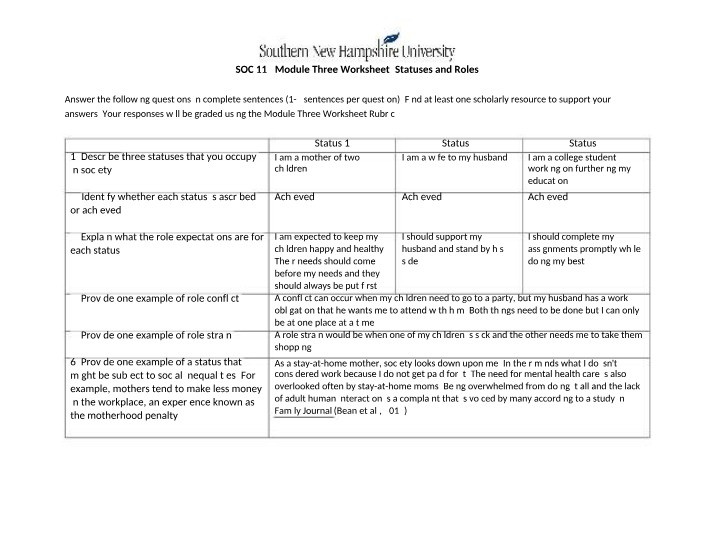 Statuses and Roles in Society Worksheet