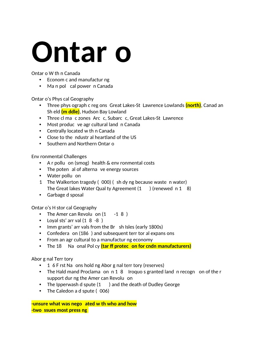 Geography and Economy Study Guide - Canada