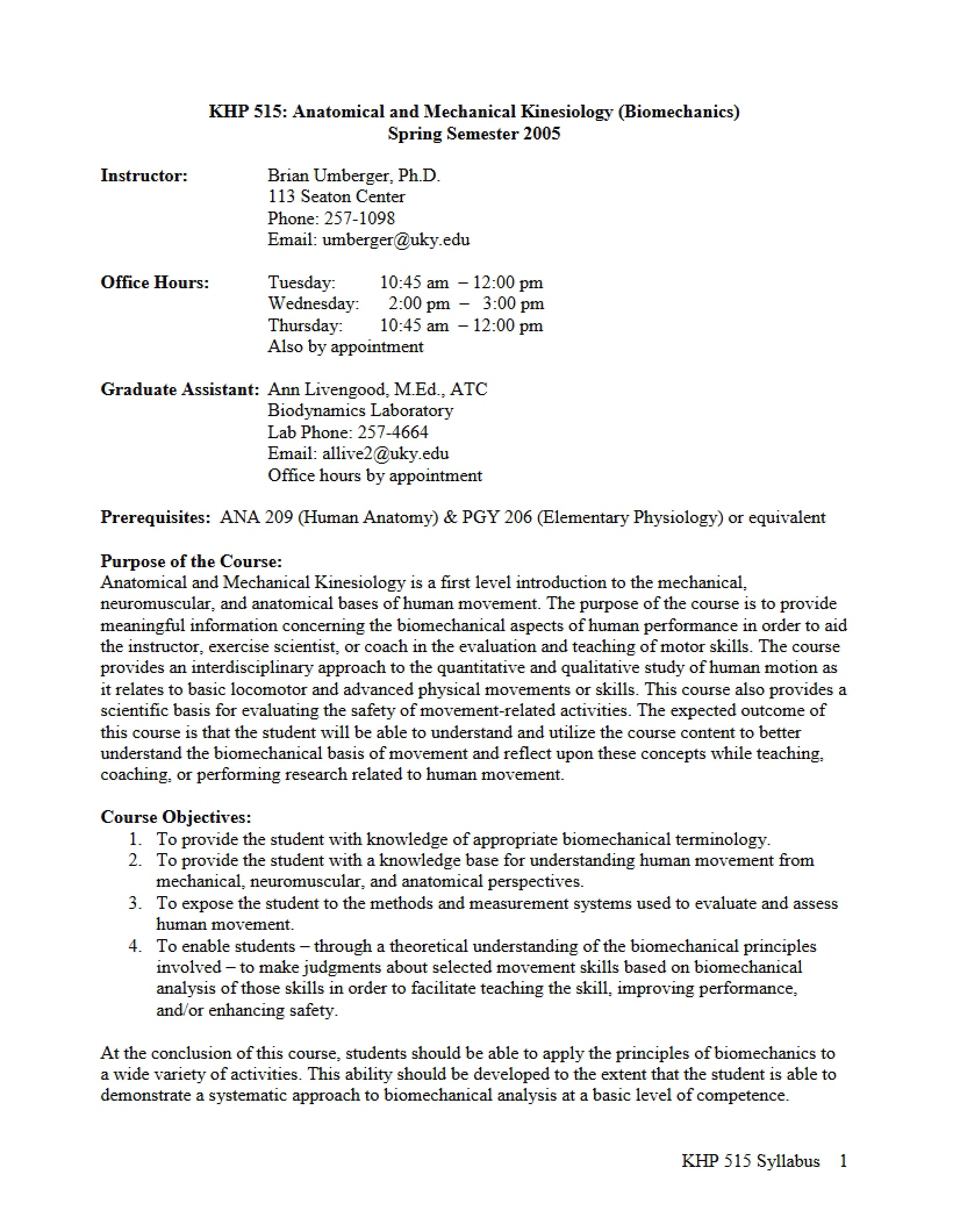 Syllabus for Kinesiology