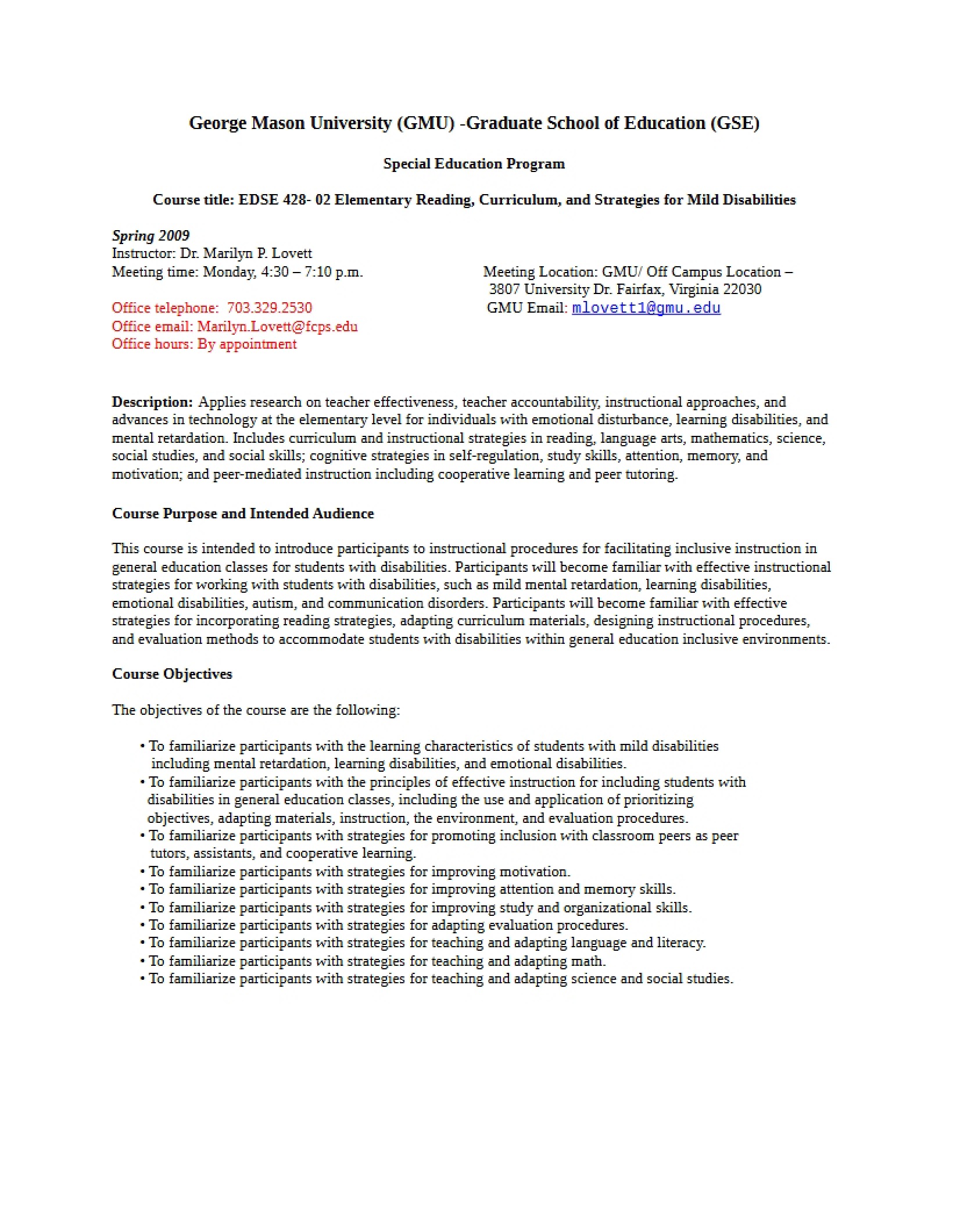 Elementary Reading and Curriculum Syllabus