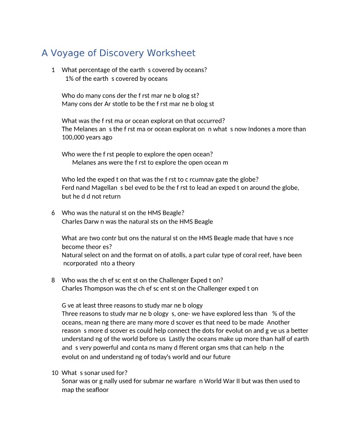 Worksheet - A Voyage of Discovery