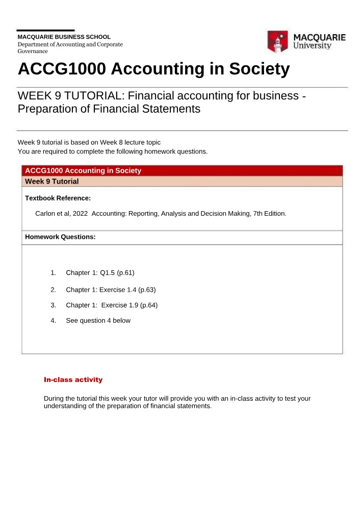 Week 9 Student Tutorial Questions