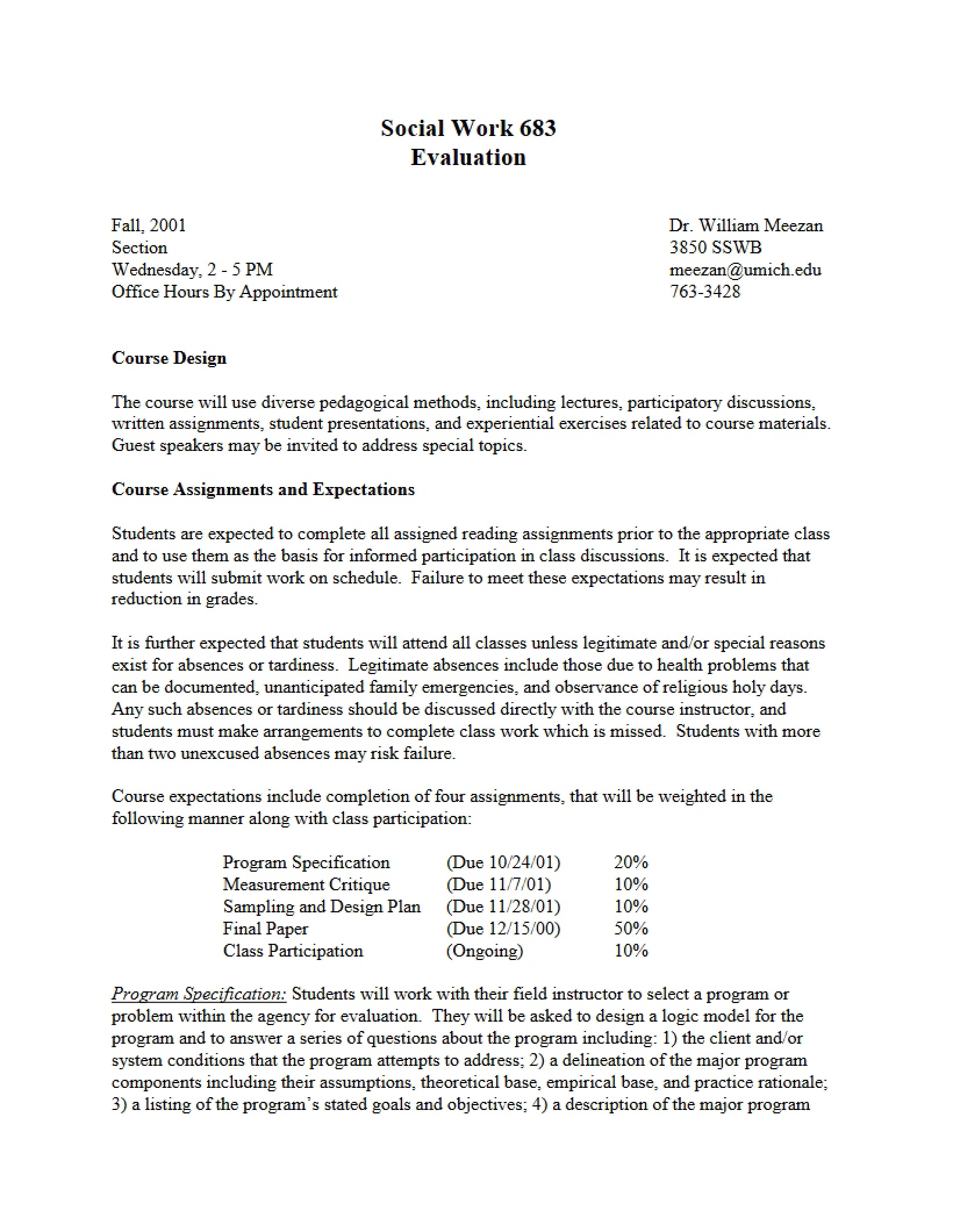 Social Work Evaluation Outline