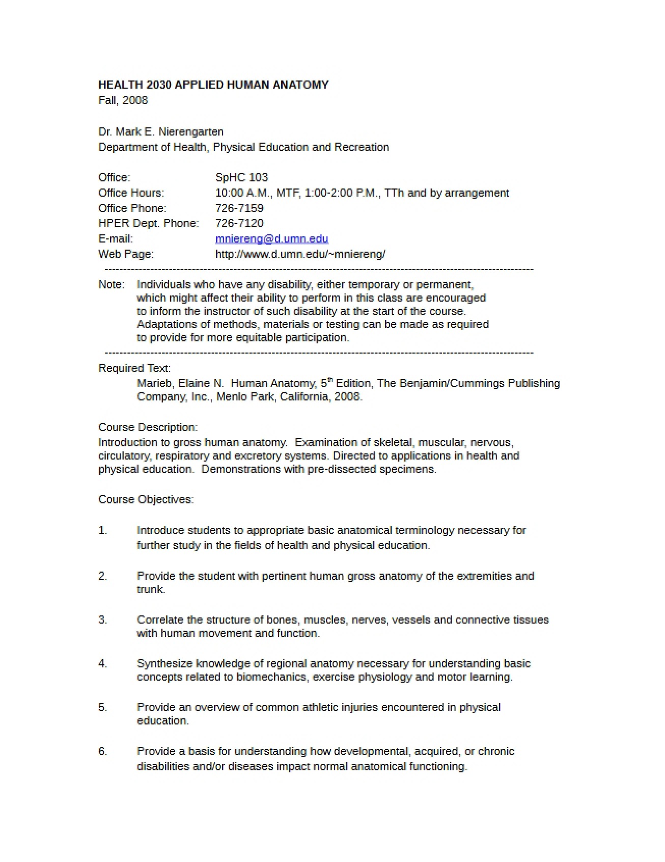 Health 203 Course Syllabus