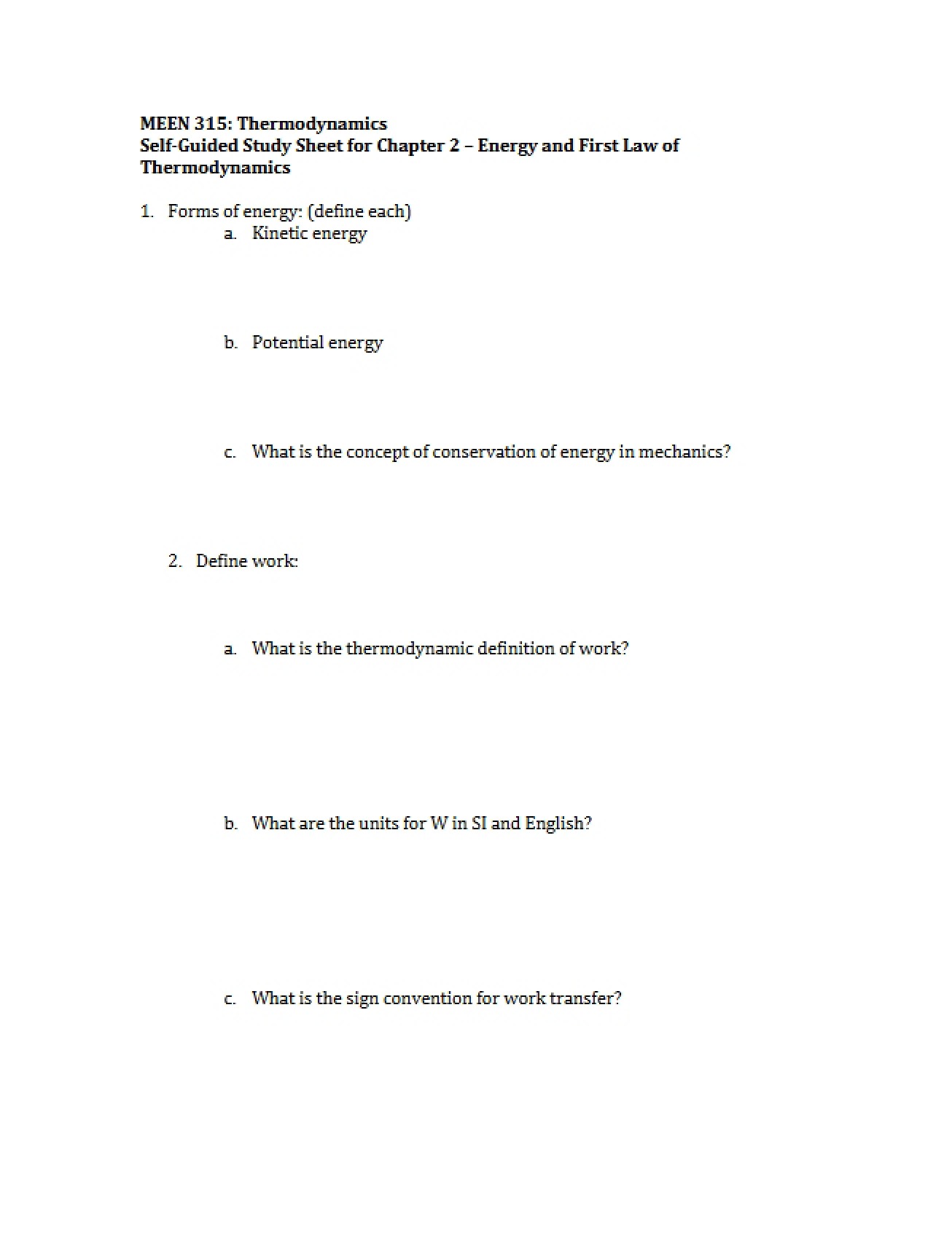 Self-Study Sheet Chapter Two