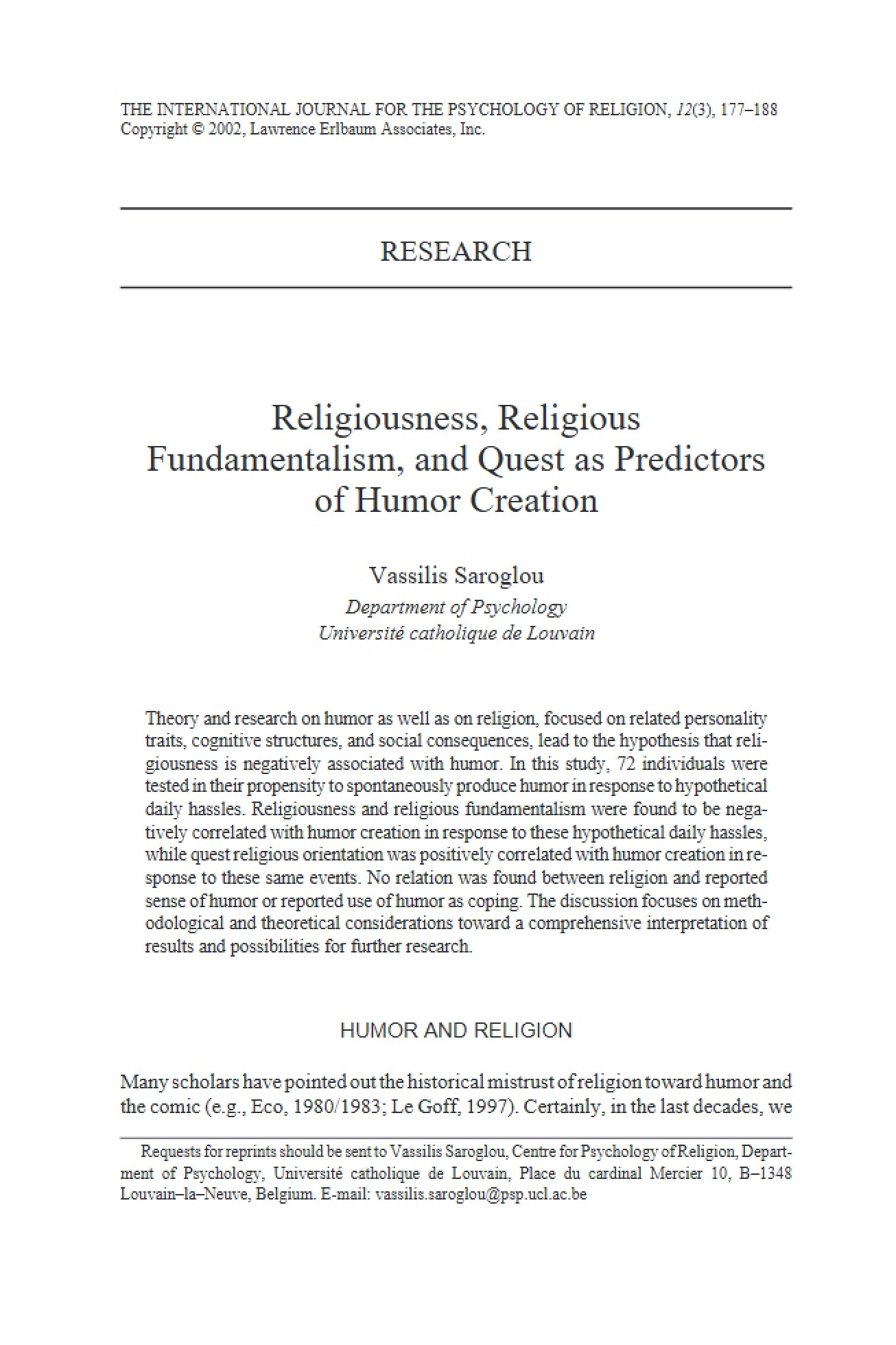 Humor Creation Predicted by Religiousness and Fundamentalism