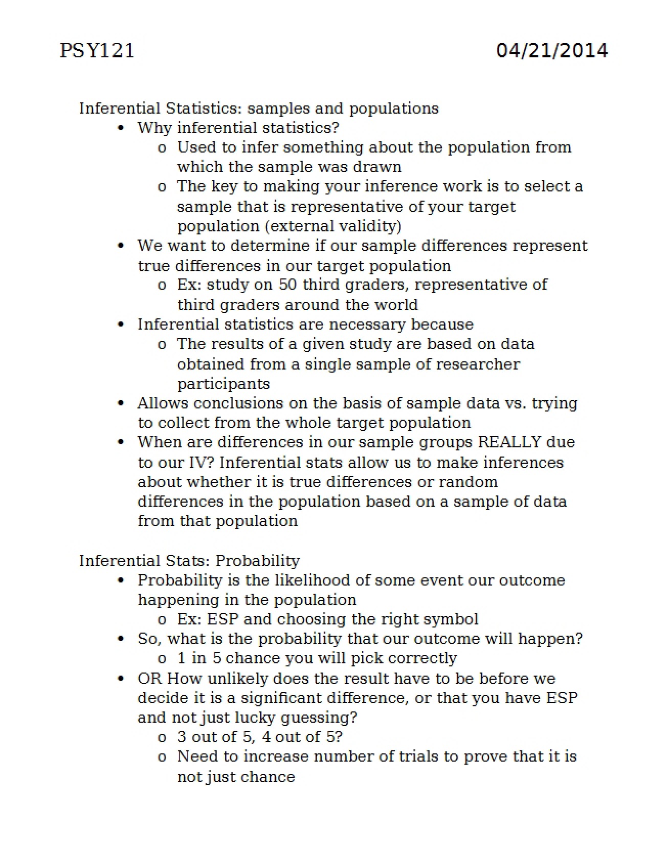 Inferential Statistics - PSY 121