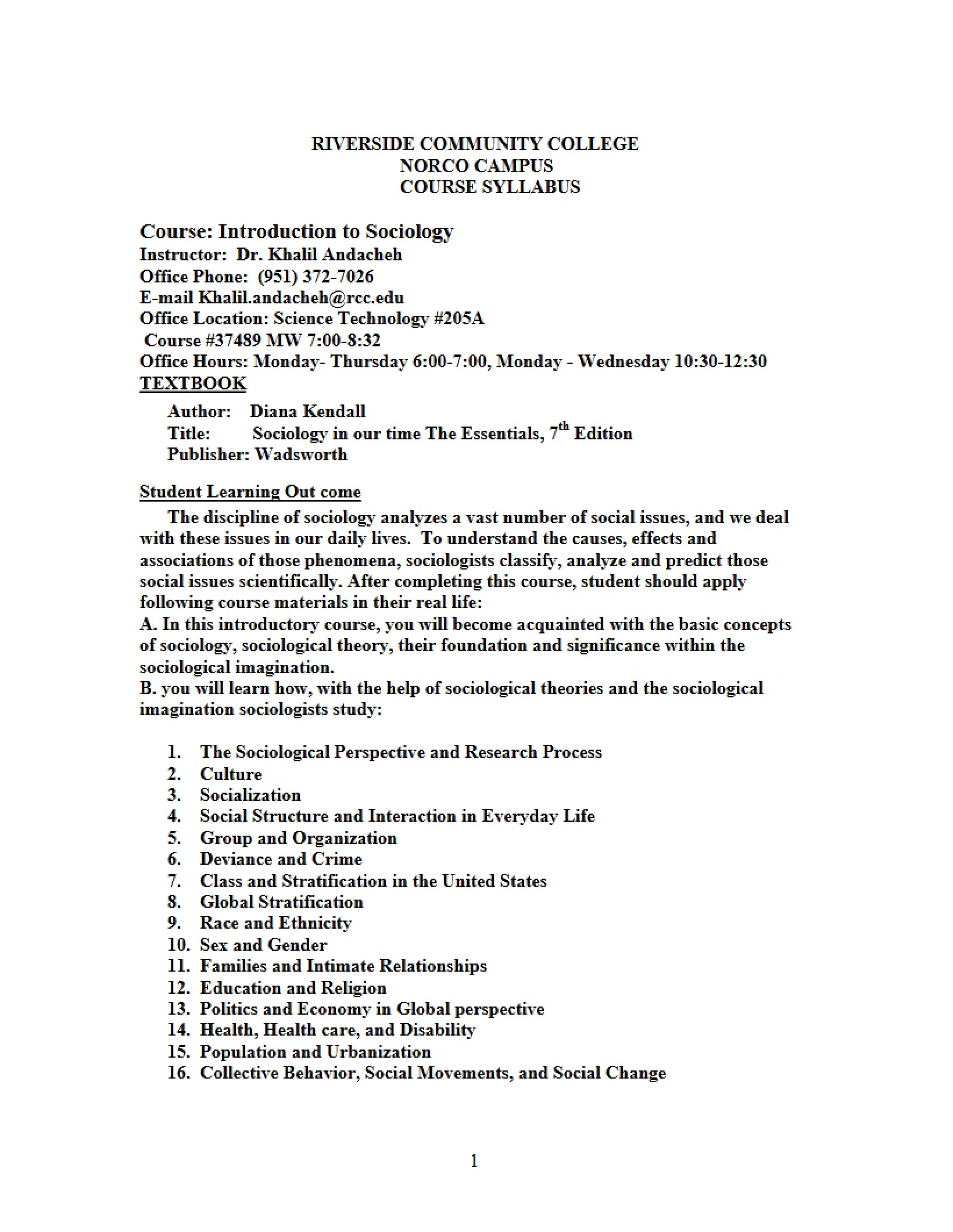 Sociology Syllabus - 3 Pages