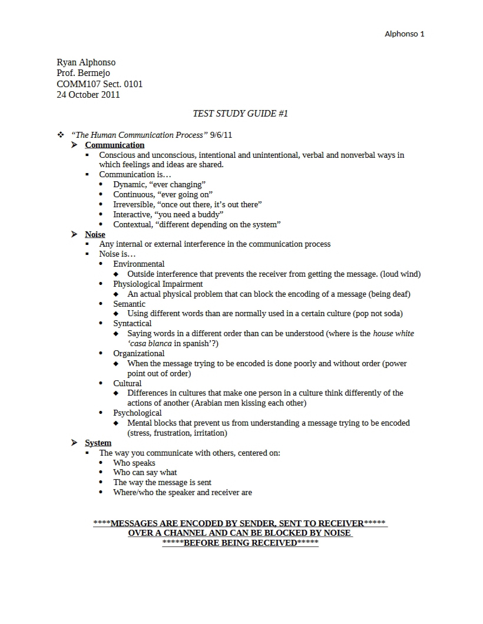 Study Guide for Test One