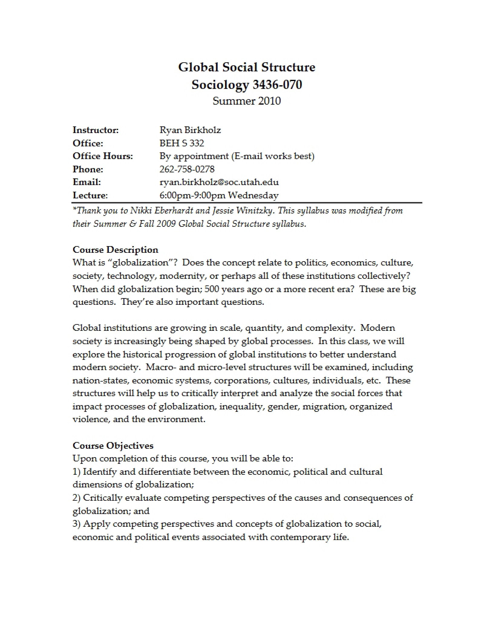 Social Structure (Global) Syllabus