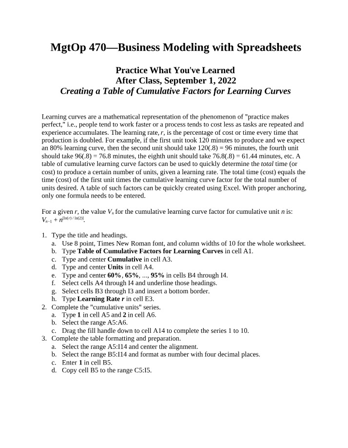Cumulative Factors Table for Learning Curves