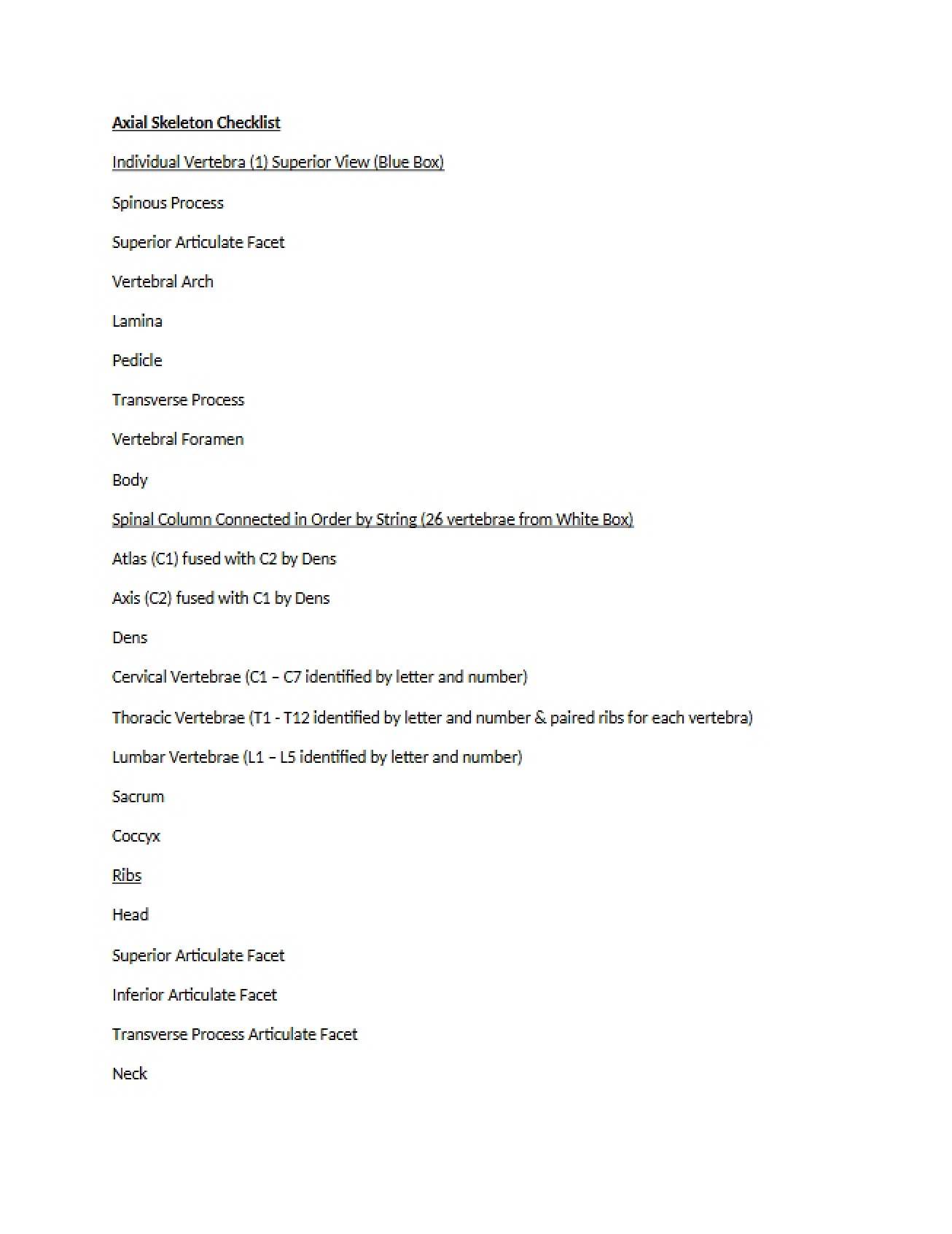 Checklist for Axial Skeleton