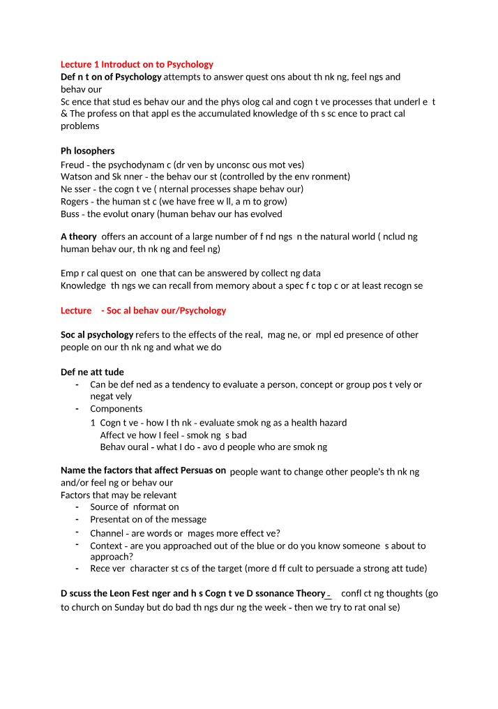 Notes for Introduction to Psychology