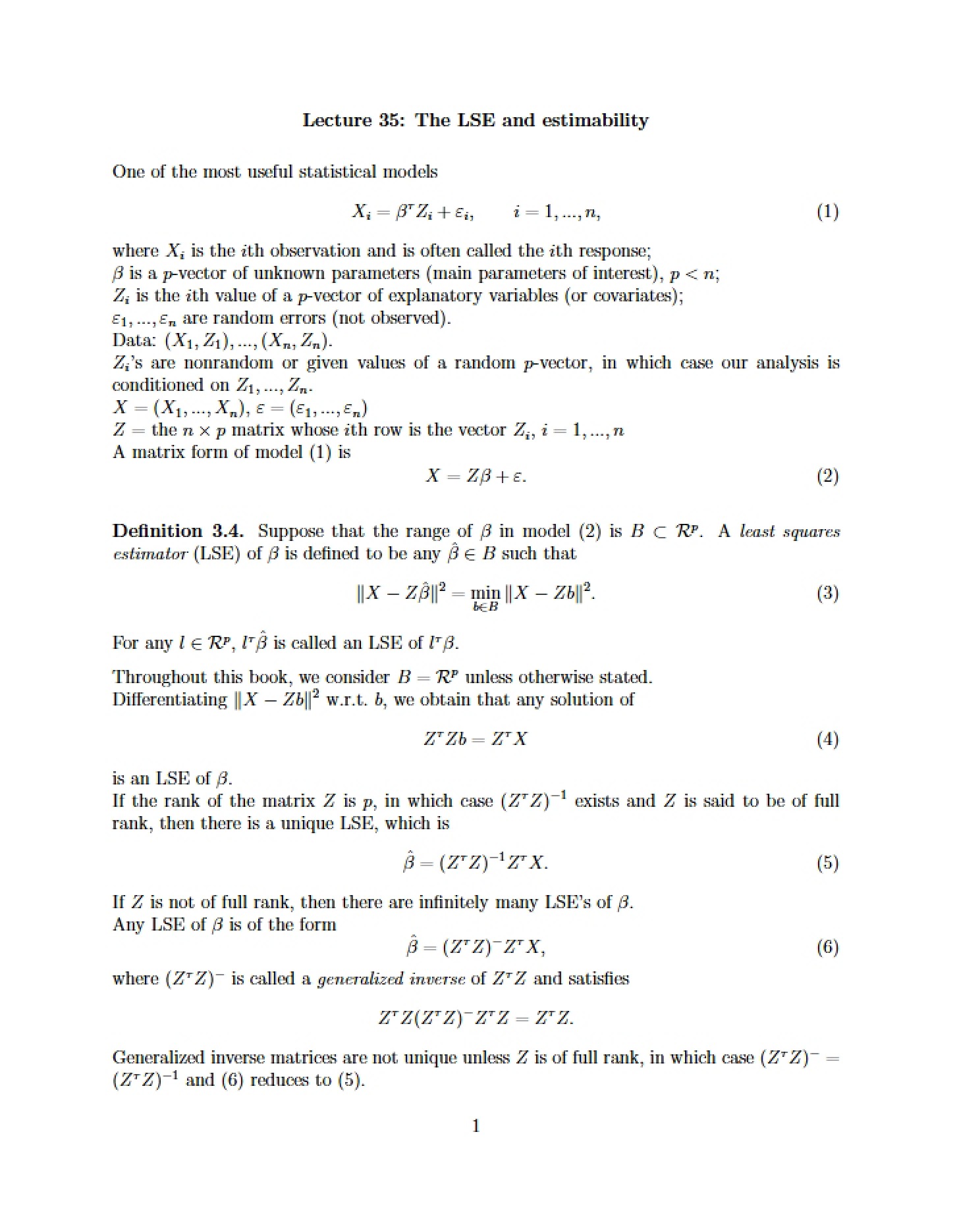 Estimability and LSE (Lecture 35)