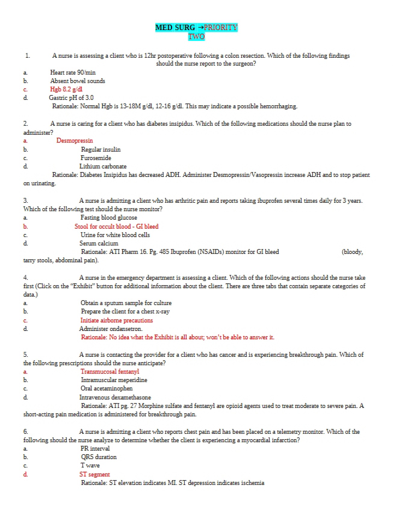 Second Exam for a Nursing Course