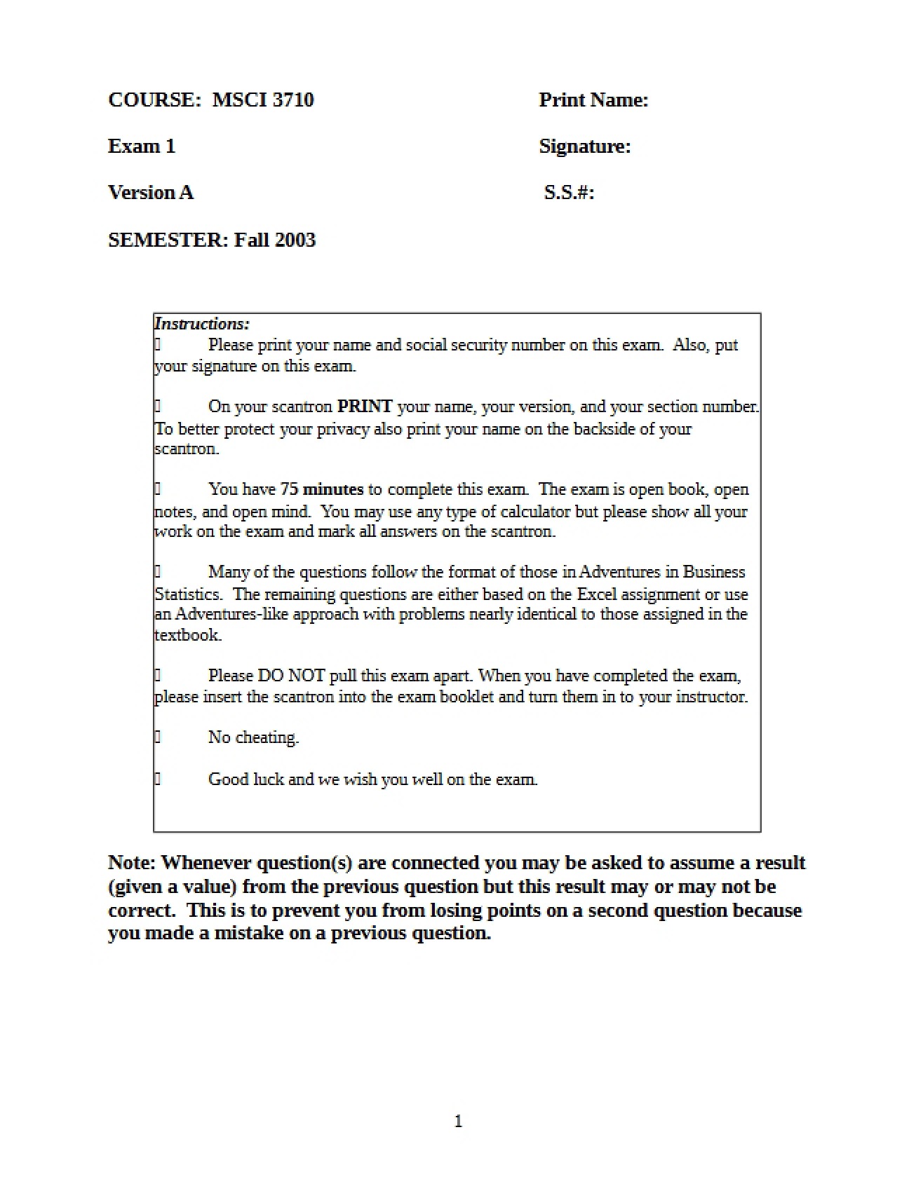 Fall 2003 Exam 1A