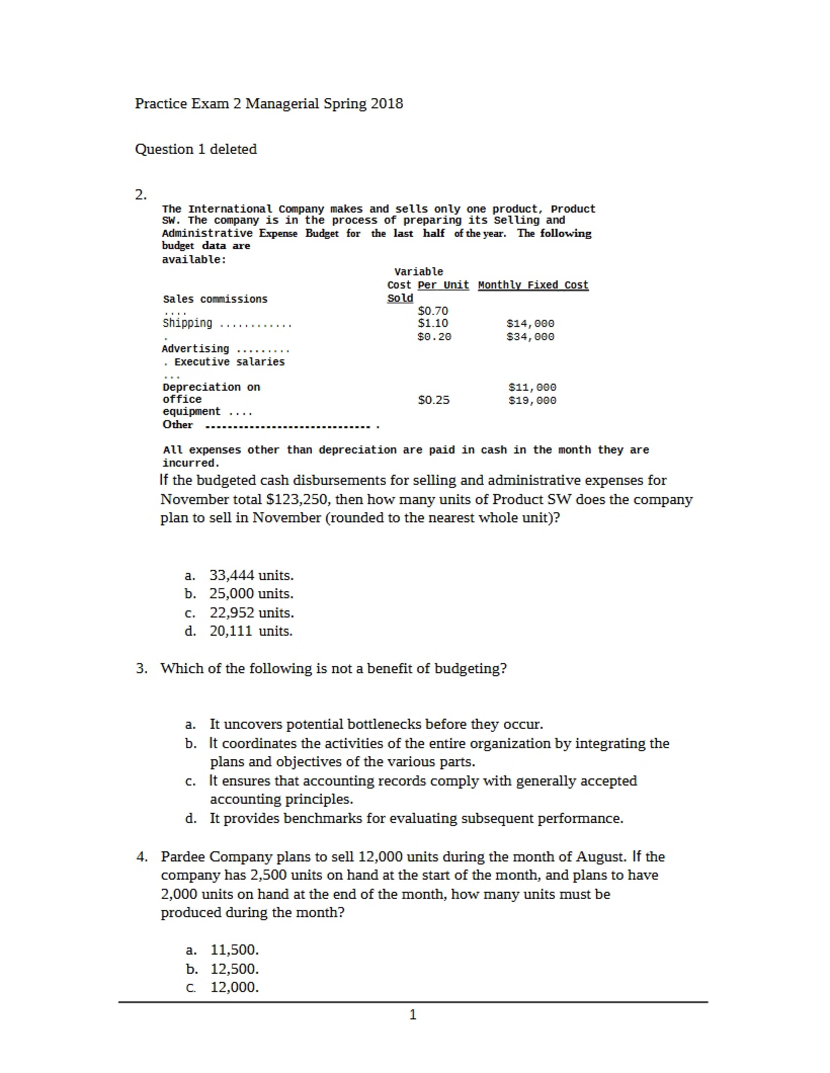 Managerial Accounting Practice Exam 2