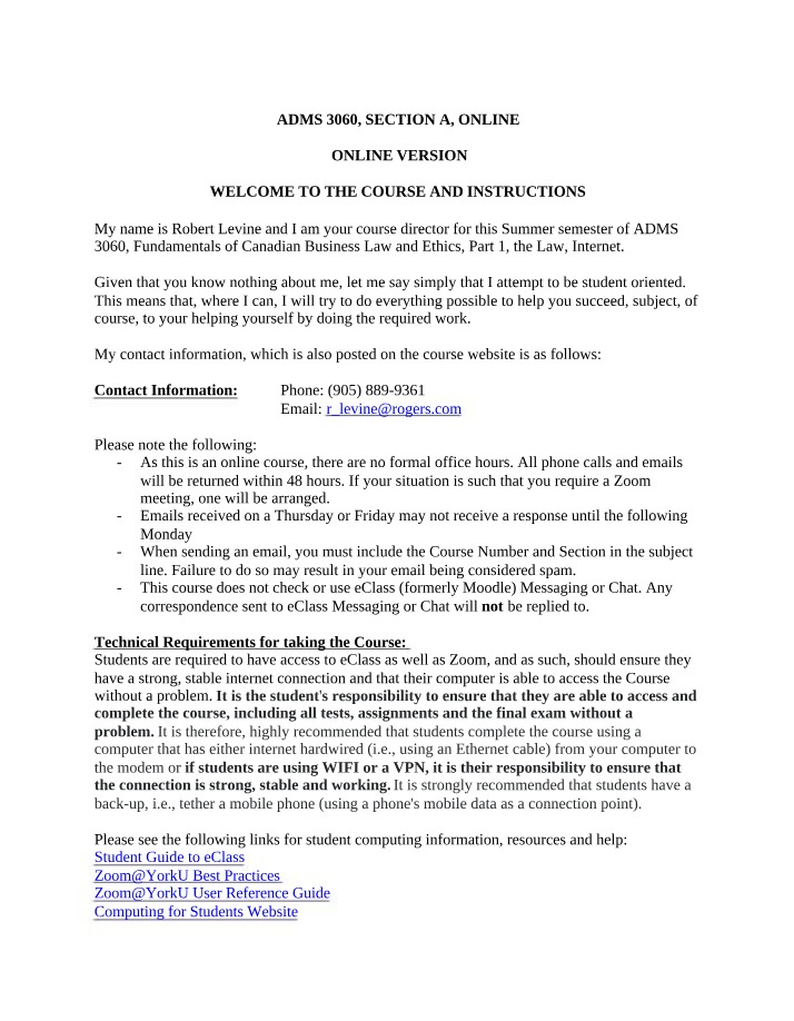 Welcome and Course Instructions