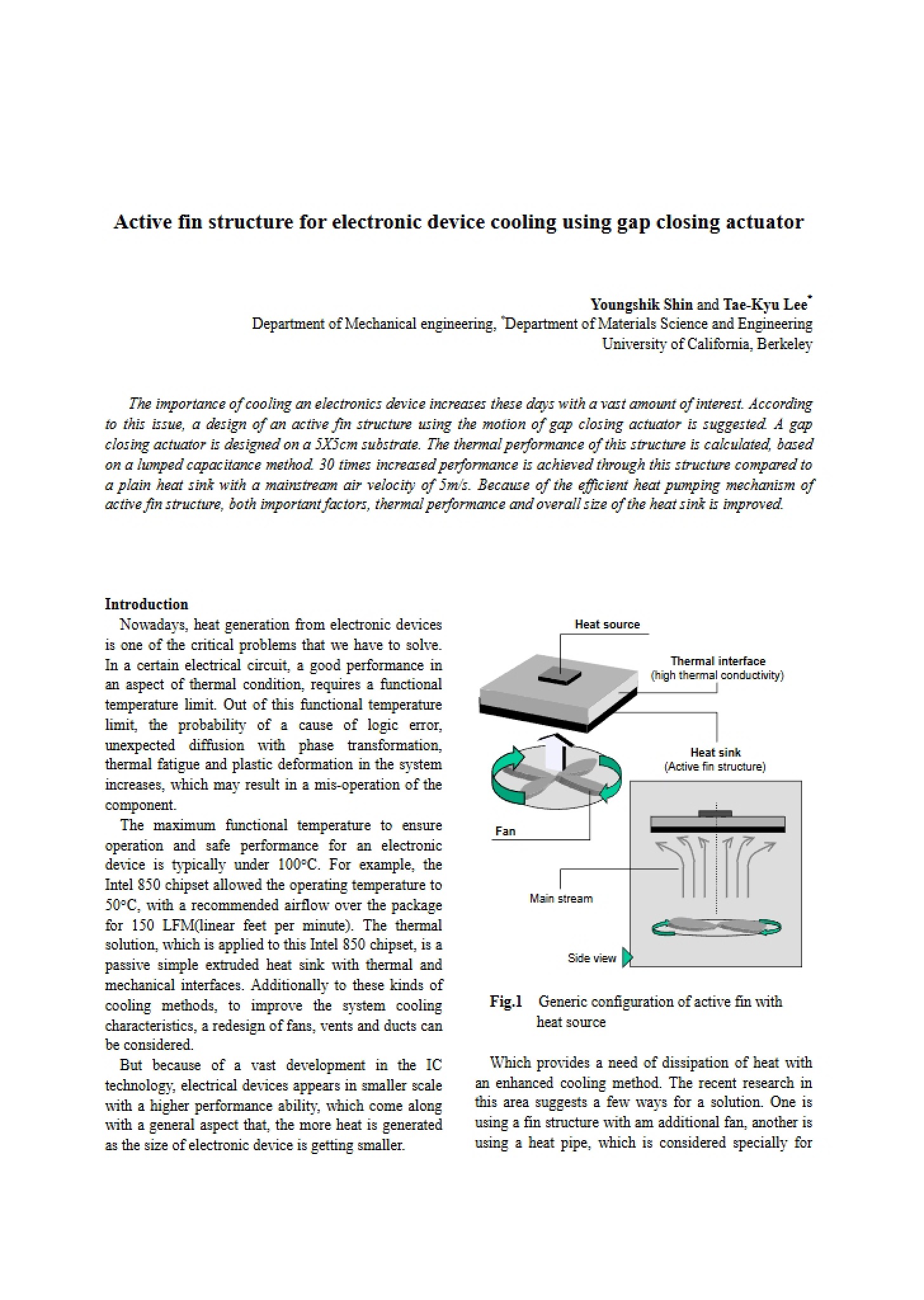 Electronic Device Cooling Active Fin Structure