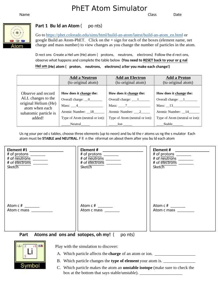 Atom Simulator Lab Activity (PhET)