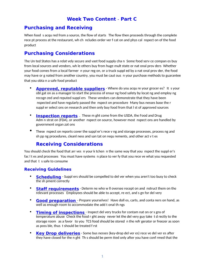 Purchasing and Receiving - Food Safety and Quality