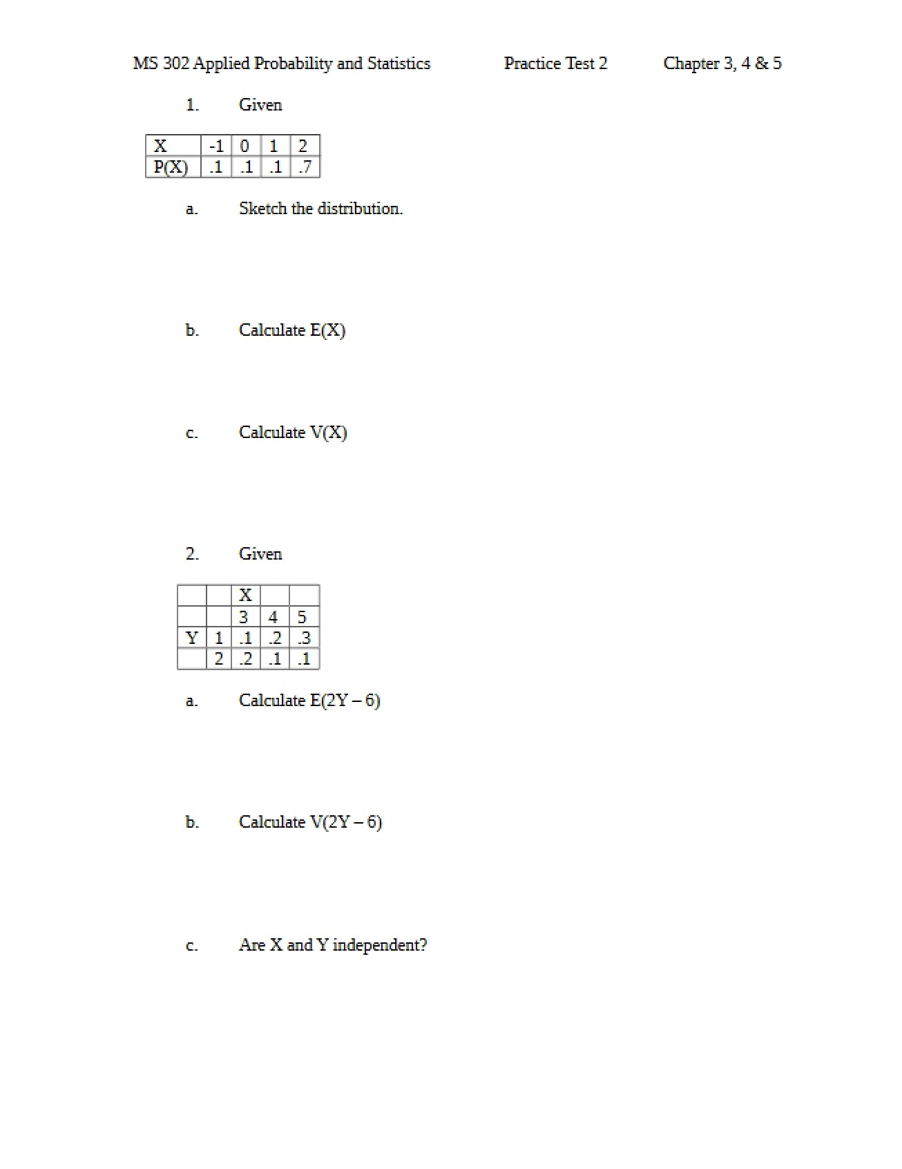 Second Practice Test for Applied Probability and Statistics