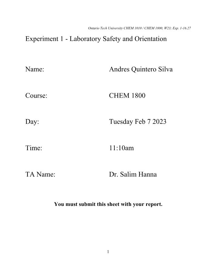CHEM 1800 - Lab Safety and Orientation