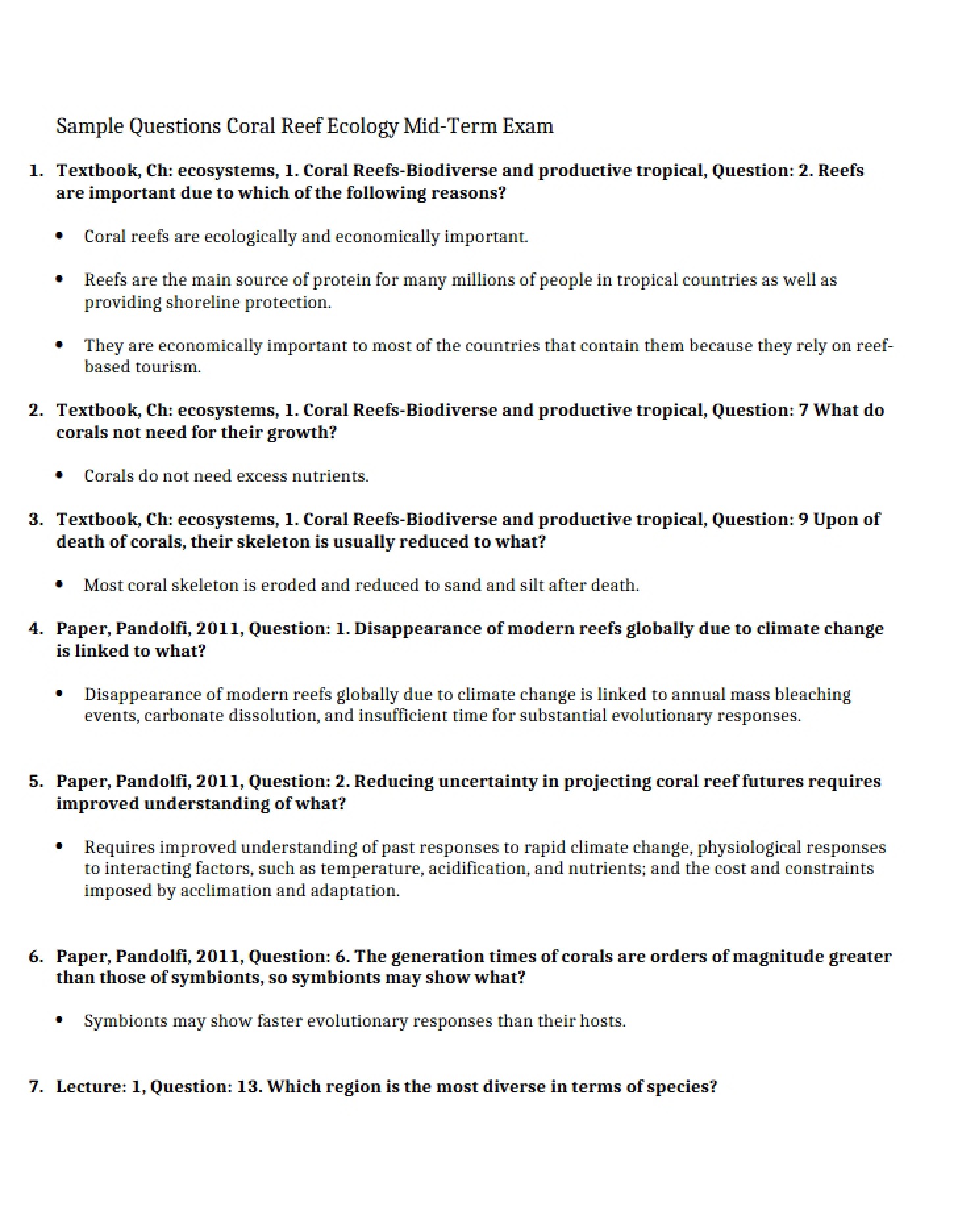 Coral Reef Ecology Mid-Term Sample Questions