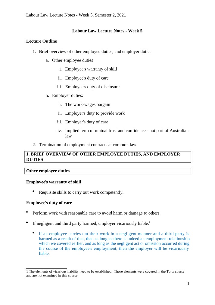 Week 5 Labour Law Lecture Notes (Semester 2, 2021)
