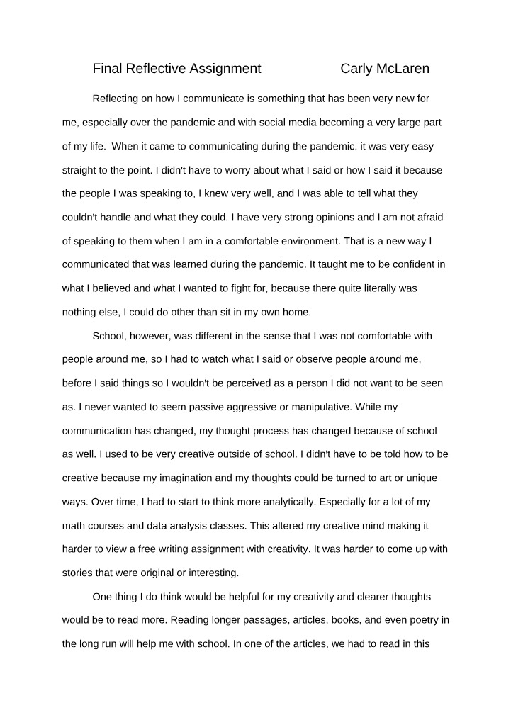 Final Reflective Assignment by Carly McLaren