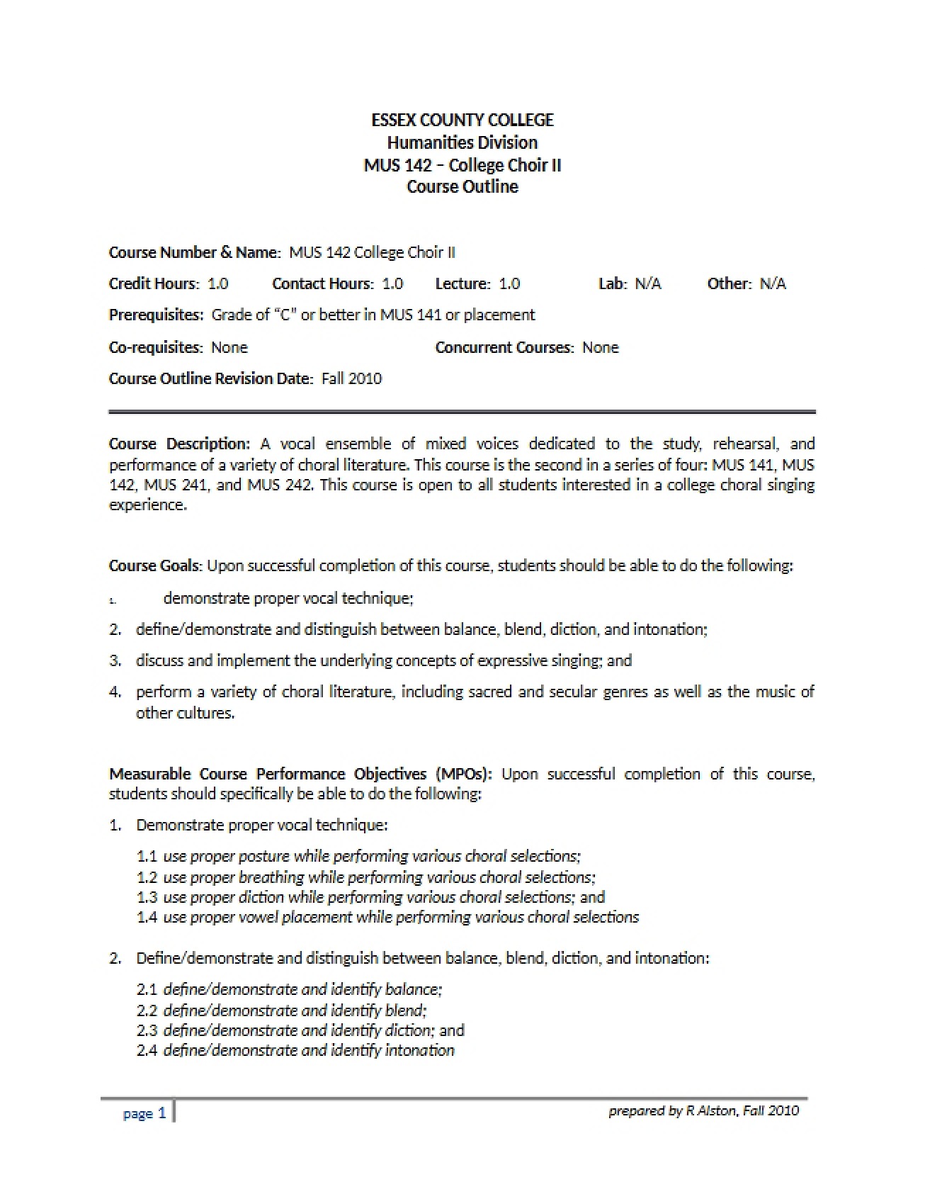 Syllabus for College Choir Two