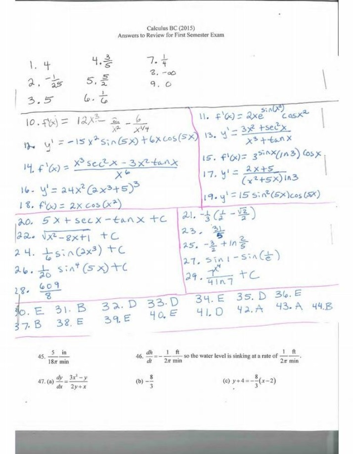 Answers for AP Calculus BC First Semester Exam