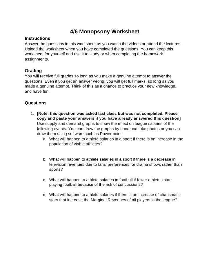 Worksheet on Monopsony
