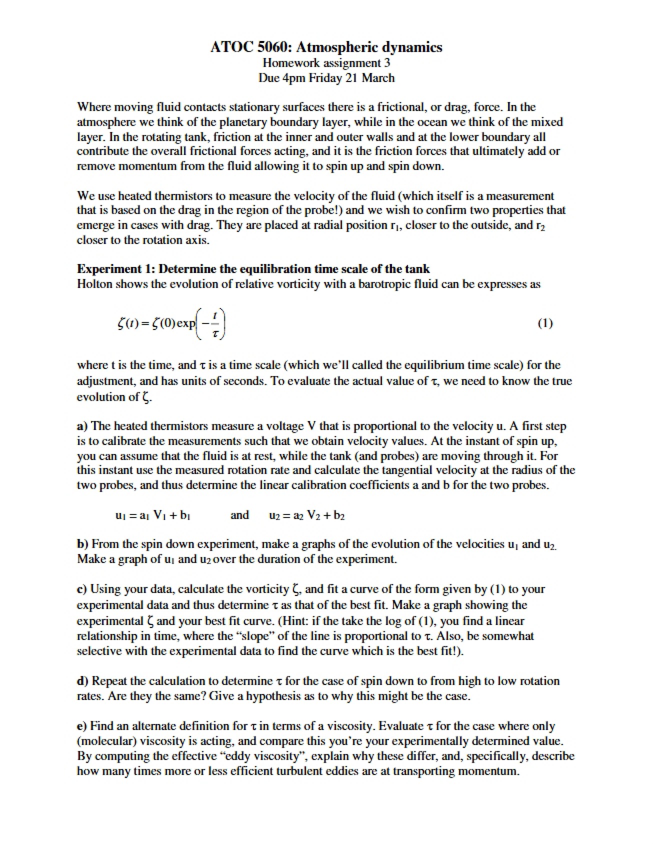 Third Homework Assignment for Dynamics of the Atmosphere