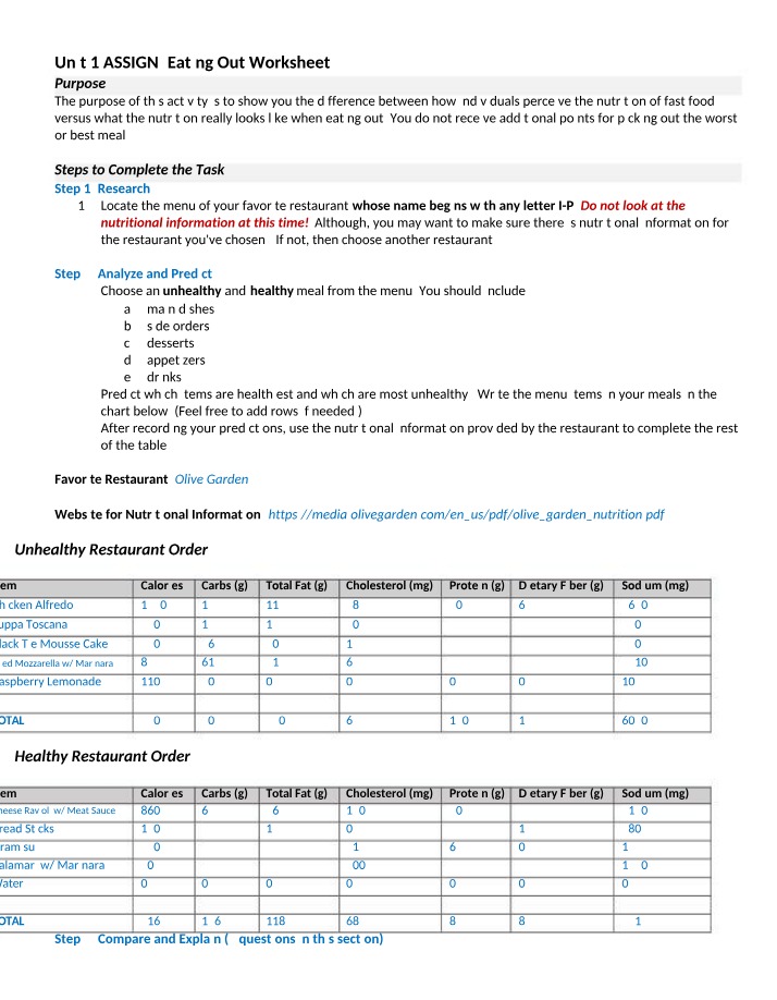 Worksheet on Eating Out