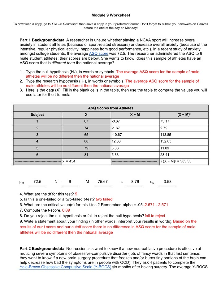 Worksheet for Module 9