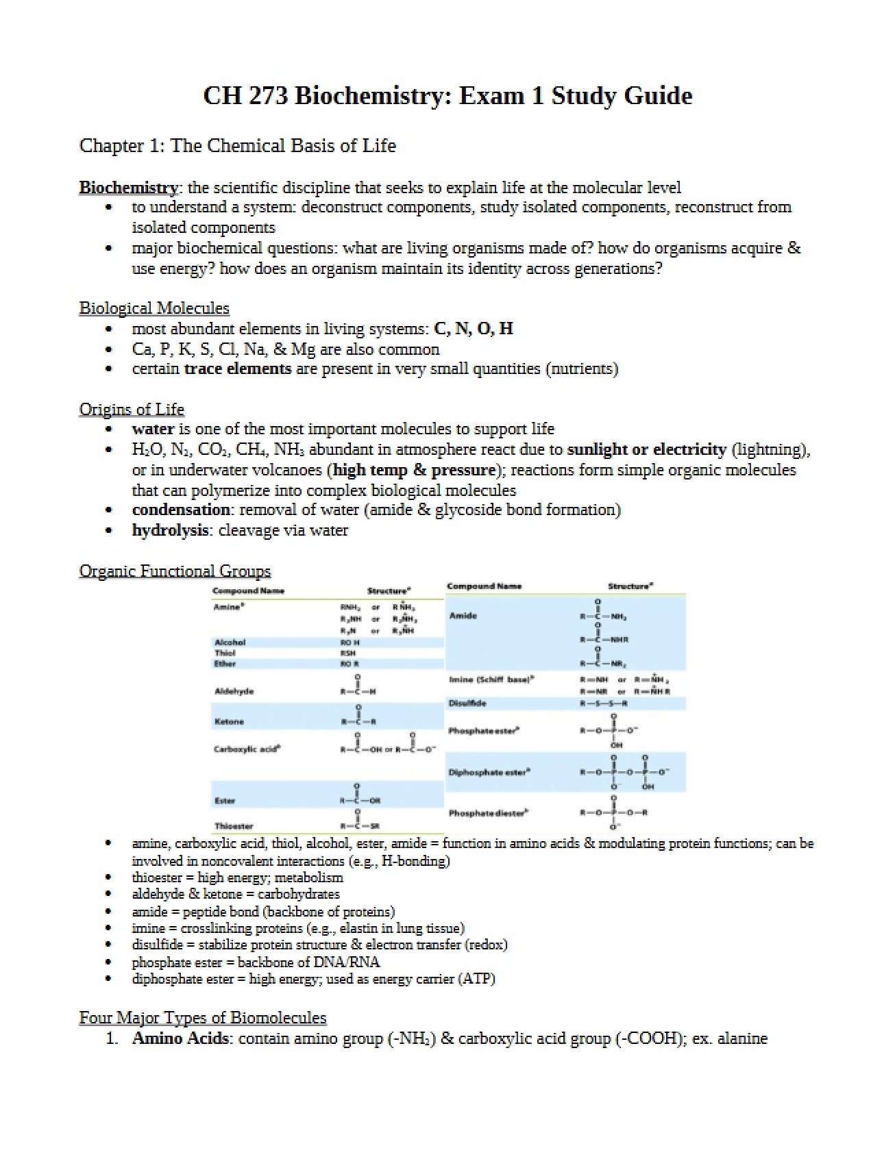 First Exam Study Guide for Principles of Biochemistry