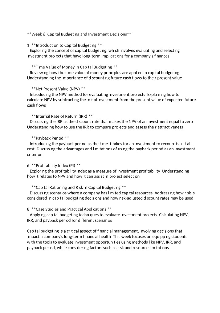 Week 6 Notes - Capital Budgeting and Investment Decisions