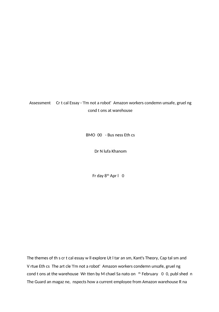 Critical Essay - Amazon Workers and Unsafe Warehouse Conditions