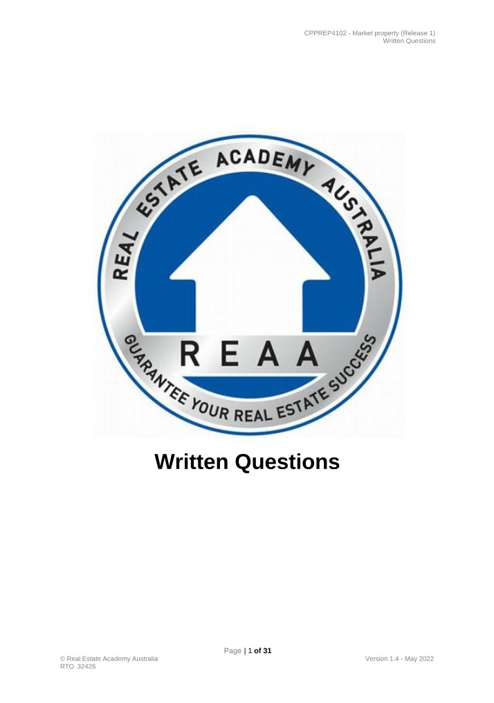 Written Questions for CPPREP4102 Market Property