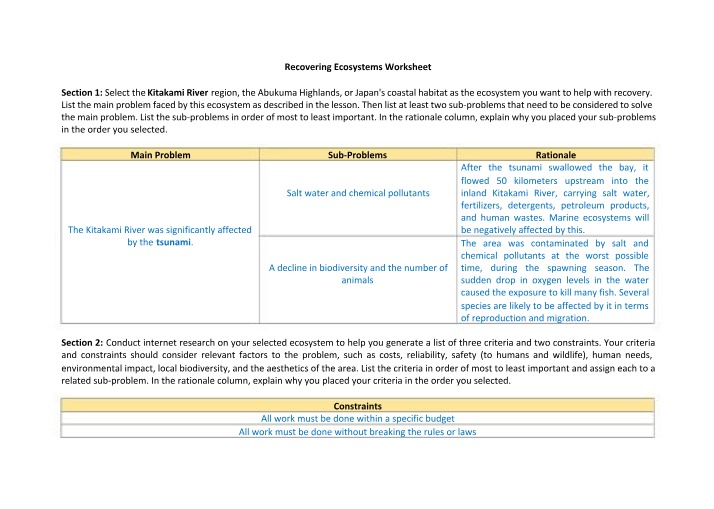 Worksheet - Recovering Ecosystems