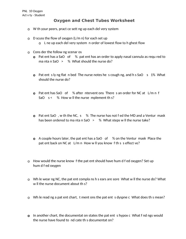 Worksheet on Oxygen and Chest Tubes