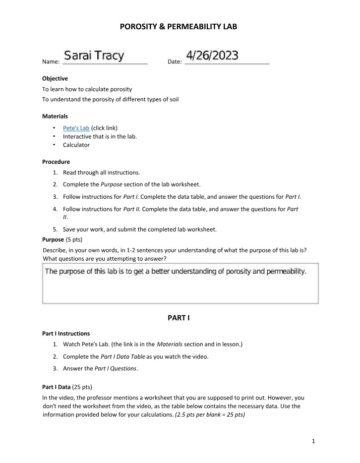 Worksheet for Porosity and Permeability Lab