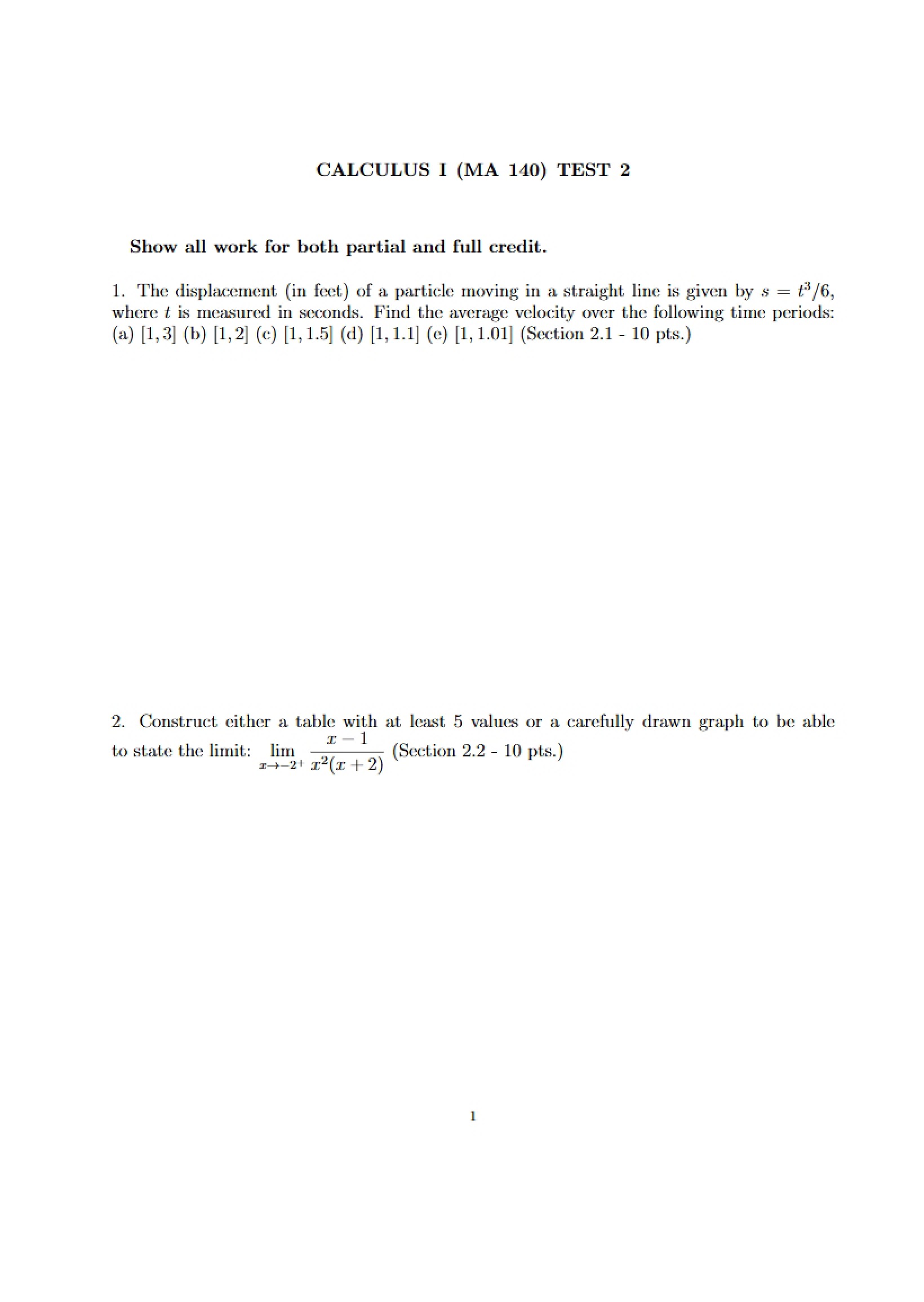 Calculus I Test