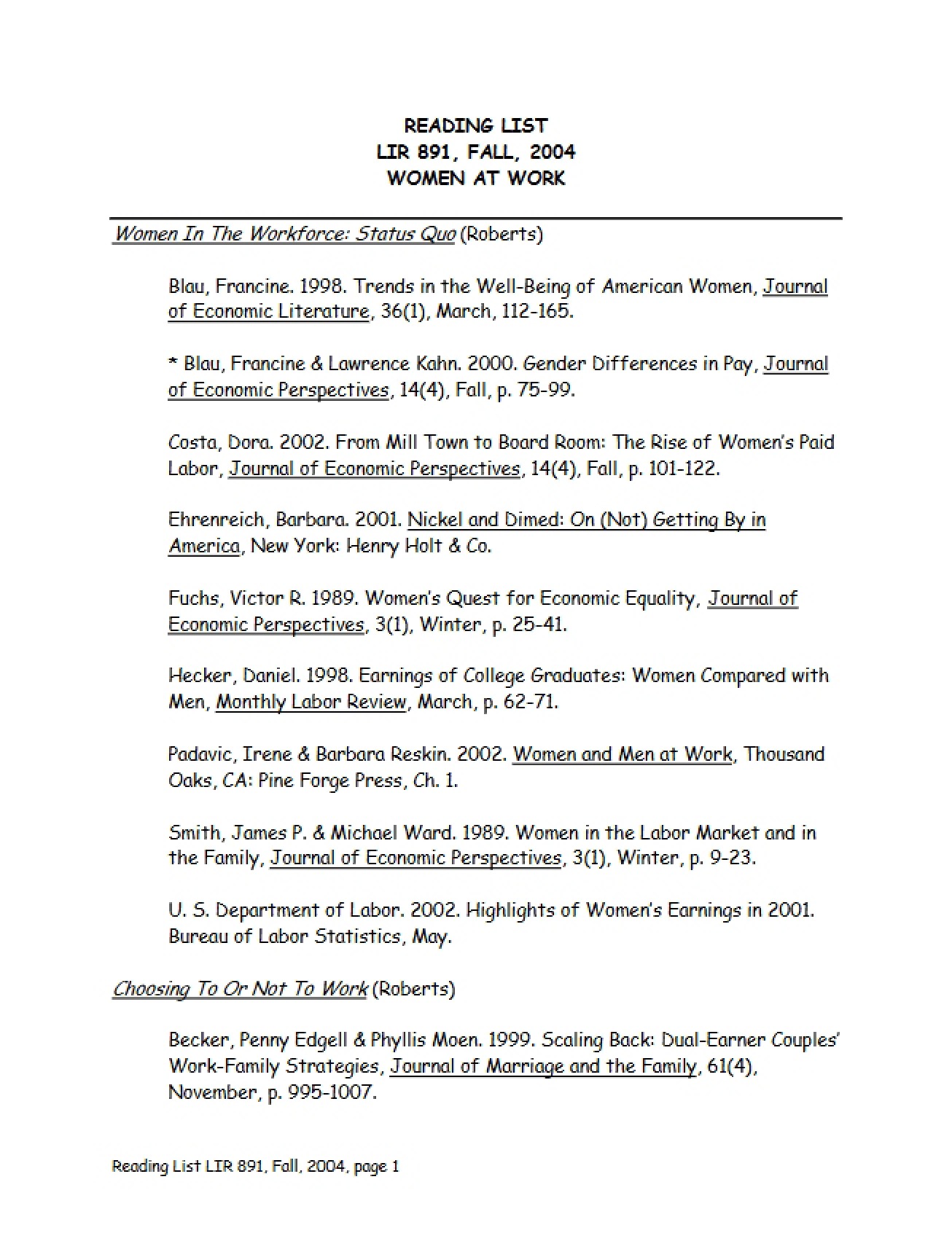 Reading List Women at Work Fall 2004