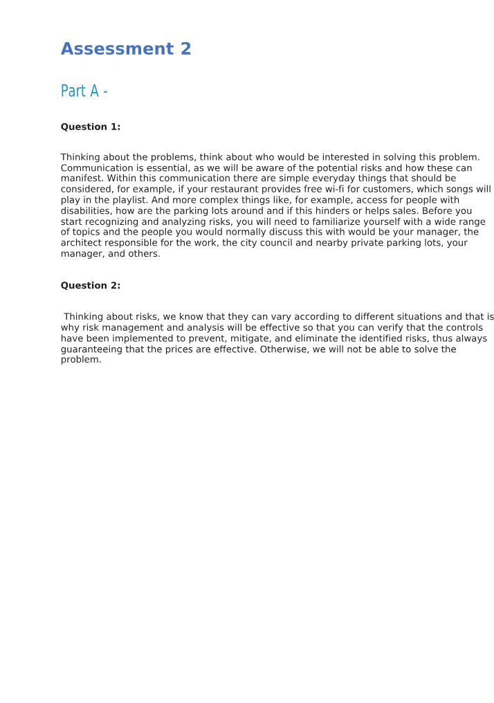 Risk Management and Analysis for Restaurant Safety - Assessment 2