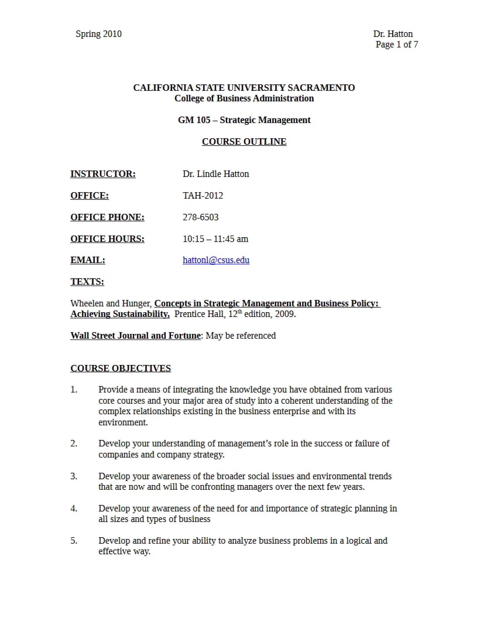 Course Outline for GM 105
