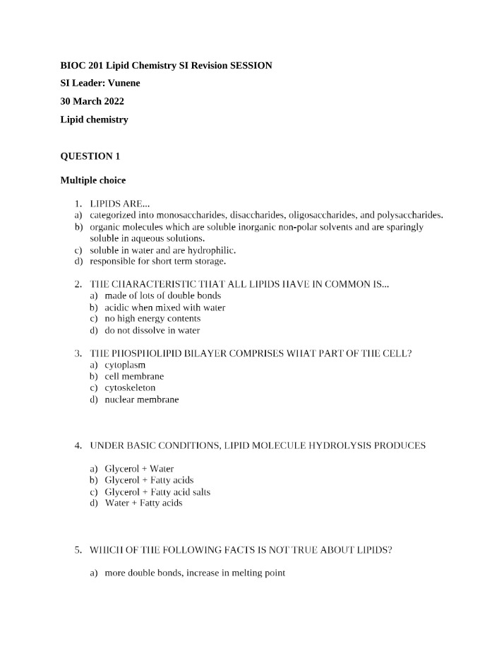 Lipid Chemistry Revision Session Questions - BIOC 201